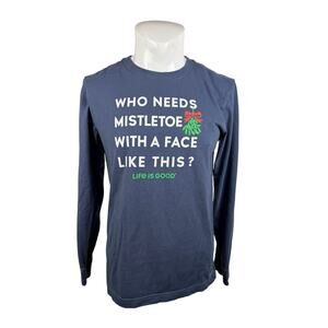Life Is Good Men's T-Shirt Medium Blue Misteltoe Face Like This Long Sleeve